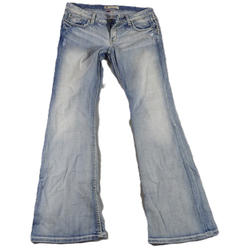 BKE Sabrina Flared Jeans Women 31x31 Blue Low Rise Thick Stitch Buckle Y2K Denim